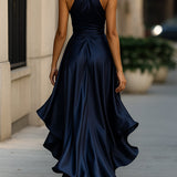 Elegante Halter Maxi Jurk met Volants en Tailleband