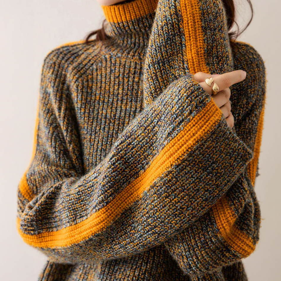Warme trui met grote col voor dames, gemaakt van dik gebreid materiaal en ontworpen voor comfort en stijl tijdens koude dagen.