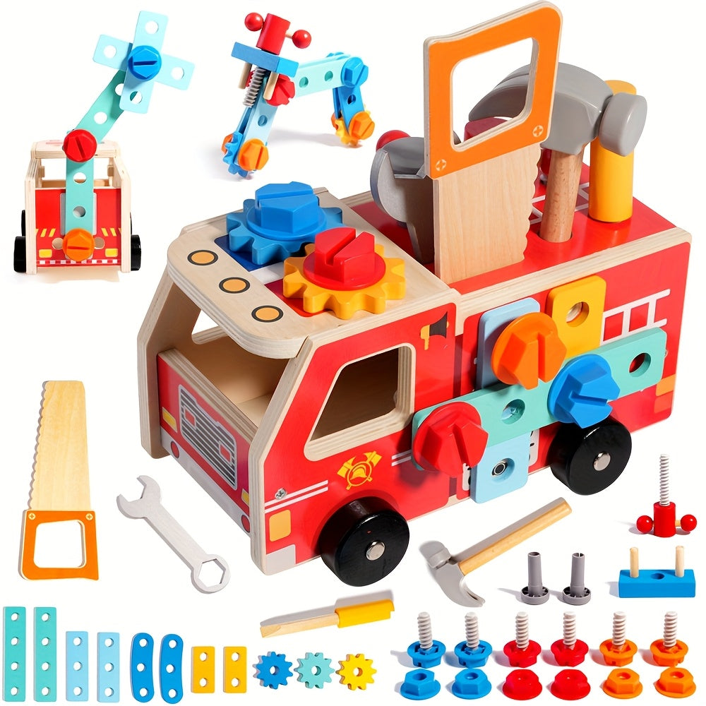 Montessori FireTruck houten brandweerauto speelgoed voor kinderen – duurzaam materiaal, beweegbare onderdelen en stimuleert fantasierijk en educatief spel.
