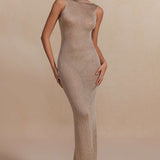 Maxi Jurk met Glitterstructuur en Hoge Hals