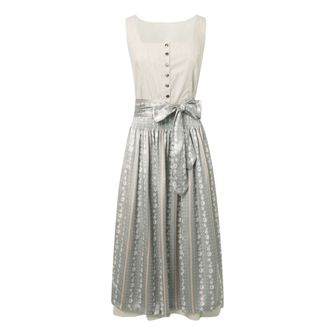 Stijlvolle grijze Oktoberfest jurk voor dames – midi jurk met klassiek Beiers ontwerp, elegant knoopdetail en hoogwaardige stof, perfect voor bierfeesten en thema-evenementen.
