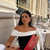 Off-Shoulder Midi Jurk met Contrasterende Halslijn