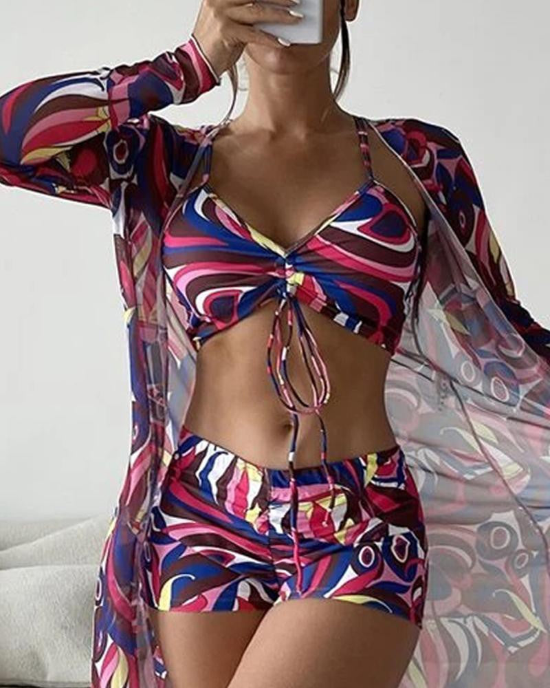 Driedelige luxe bikini-set voor dames – Trendy bikini met bijpassende cover-up, elegante snit en comfortabele pasvorm, perfect voor een stijlvolle stranddag of zwembadfeest.