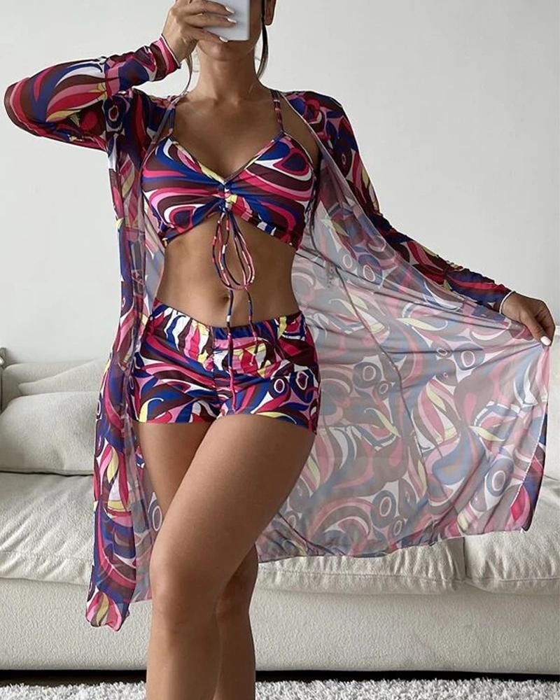 Driedelige luxe bikini-set voor dames – Trendy bikini met bijpassende cover-up, elegante snit en comfortabele pasvorm, perfect voor een stijlvolle stranddag of zwembadfeest.