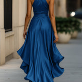 Elegante Halter Maxi Jurk met Volants en Tailleband