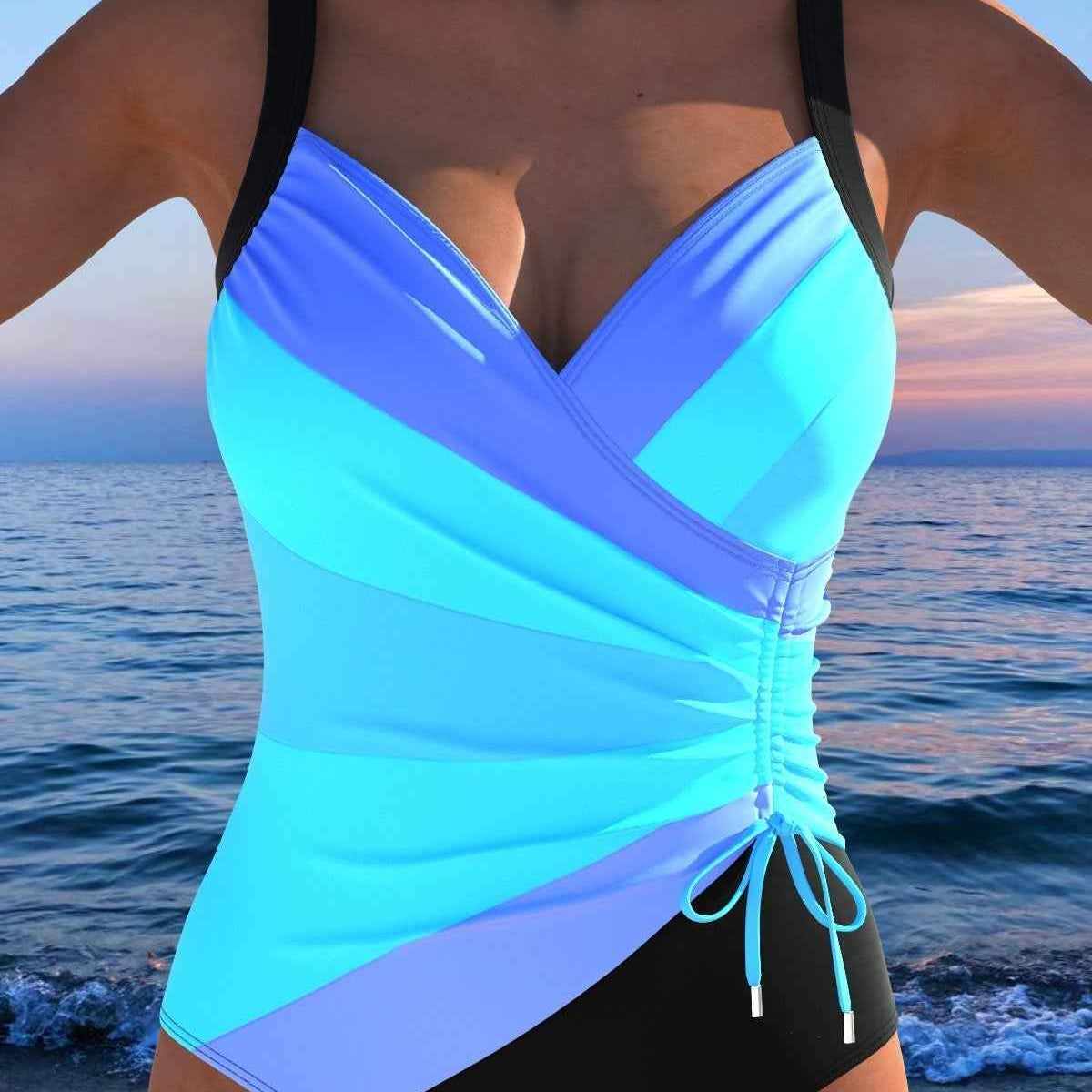 Dames Badpak met V-Hals en Geplooide Taille