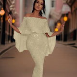 Pailletten Maxi Jurk met Off-Shoulder Halslijn