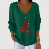 Dames Trui met V-Hals en Kerstboomprint