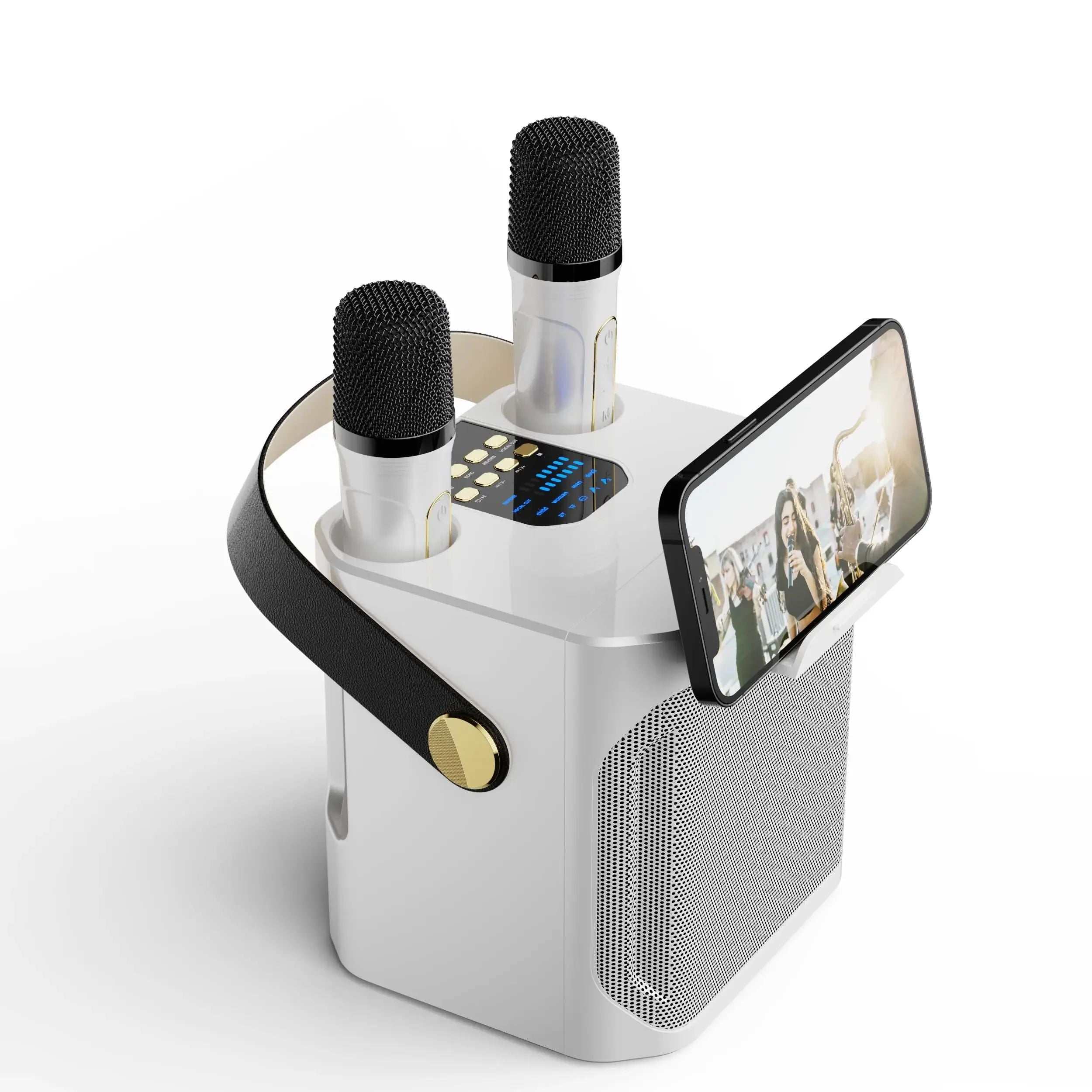 Draagbare karaoke boombox met subwoofer – krachtige bluetooth speaker met microfoon, helder geluid en ideaal voor feestjes thuis of onderweg.