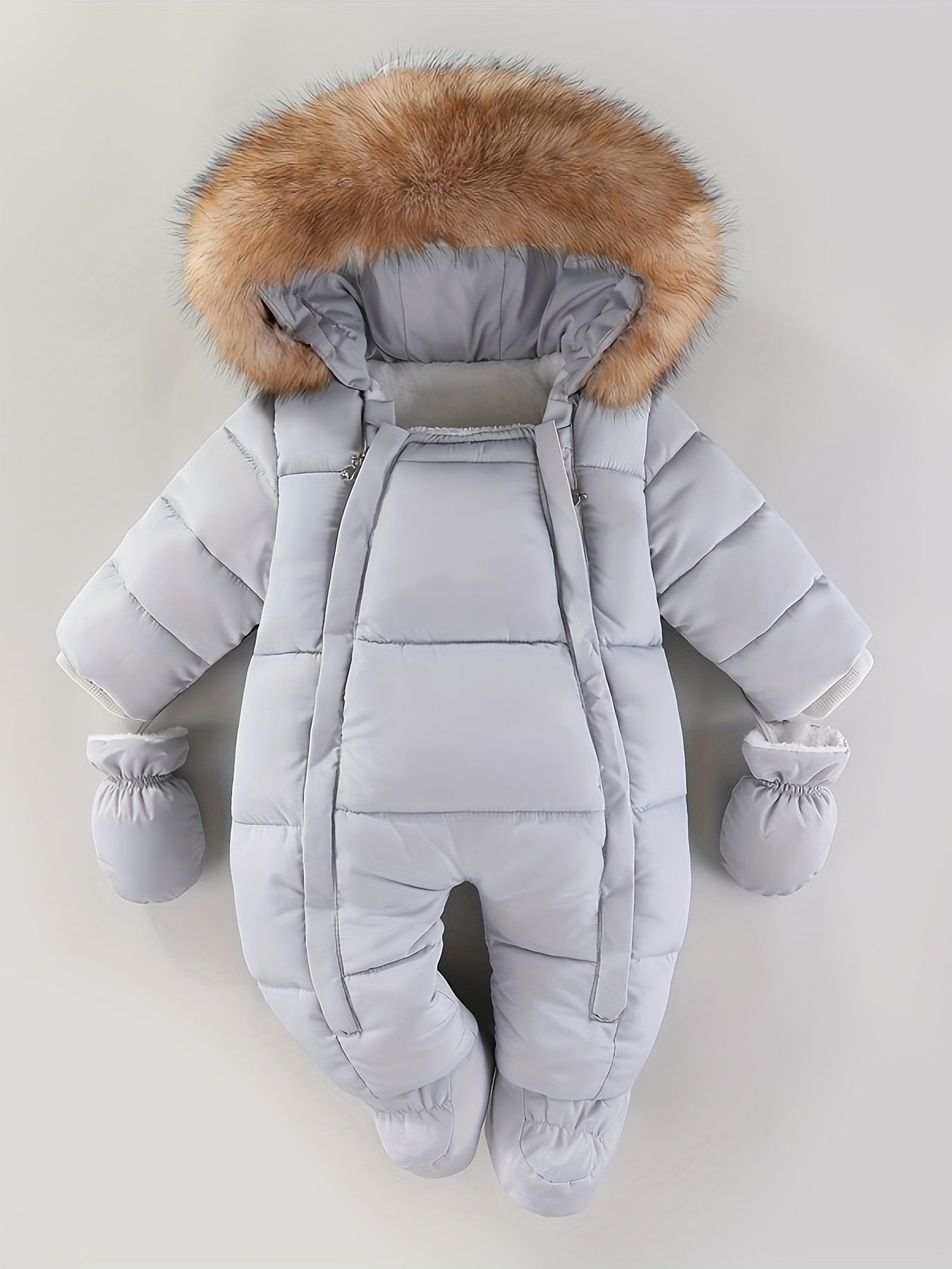 CozyBaby luxe winterjas jumpsuit met capuchon, gemaakt van zachte en warme stof – ideale comfortabele en beschermende outfit voor koude winterdagen.