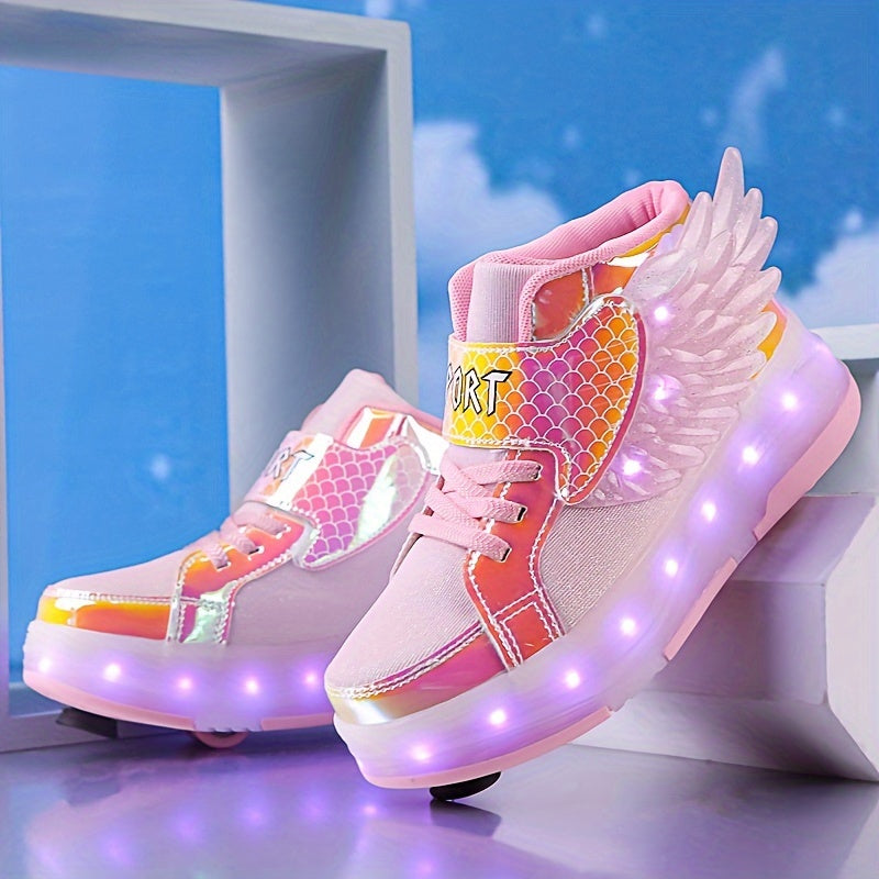 GlowSkate USB oplaadbare rolschaats sneakers met licht en vleugels – kleurrijke en comfortabele sneakers voor meisjes en tieners, ideaal voor plezier, buitenactiviteiten en avondritten.