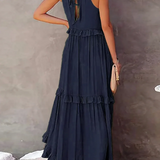 Dames Maxi Jurk met Gelaagde Rok en Ronde Hals