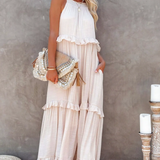 Dames Maxi Jurk met Gelaagde Rok en Ronde Hals