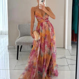 Dames Maxi Jurk met Abstracte Print en Spaghettibandjes