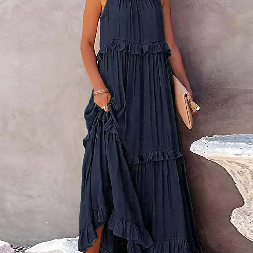 Dames Maxi Jurk met Gelaagde Rok en Ronde Hals