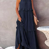 Dames Maxi Jurk met Gelaagde Rok en Ronde Hals
