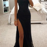 Elegante Strapless Maxi Jurk met Split en Aansluitende Pasvorm