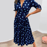 Dames Midi Jurk met Stippenprint en V-Hals