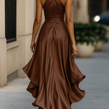 Elegante Halter Maxi Jurk met Volants en Tailleband
