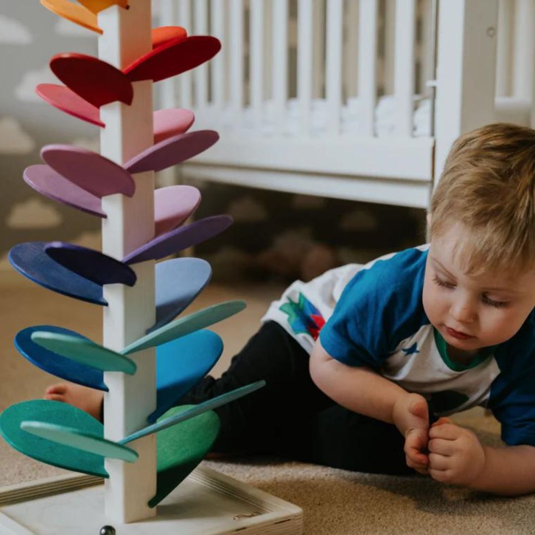 Montessori interactieve geluidsboom – educatief regenboog murmur toren speelgoed voor kinderen, duurzaam hout en stimuleert zintuigen en concentratie.