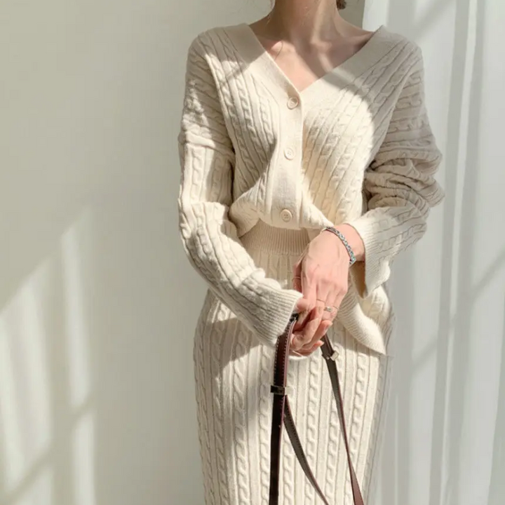 Tweedelige gebreide jurk set voor dames – elegante combinatie van top en rok, perfect voor een stijlvolle en comfortabele outfit.