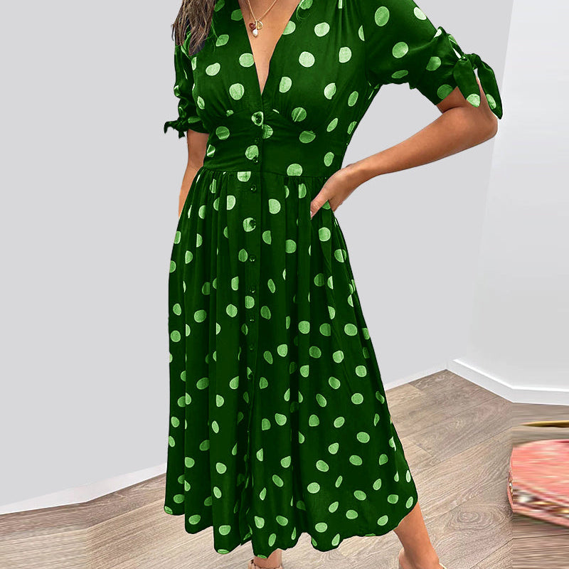 Dames Midi Jurk met Stippenprint en V-Hals