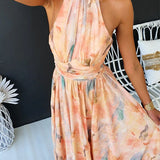Dames Maxi Jurk met Abstracte Print en Halterhals