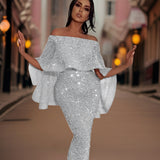 Pailletten Maxi Jurk met Off-Shoulder Halslijn