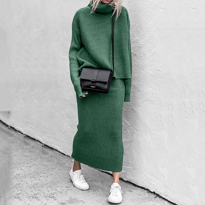 Tweedelige coltrui en maxi-rok set voor dames – elegante en comfortabele outfit voor elke gelegenheid, met een verfijnde en stijlvolle uitstraling.
