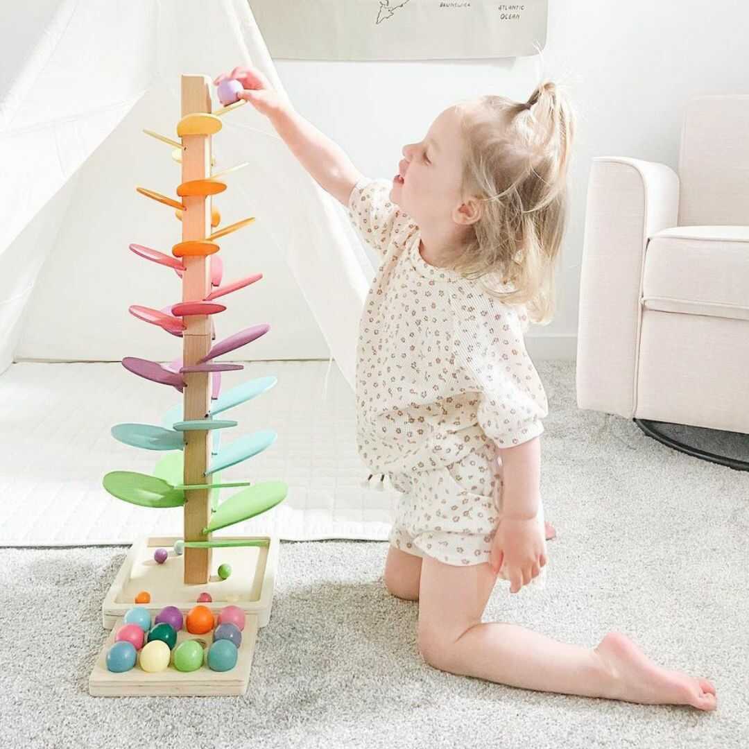 Montessori interactieve geluidsboom – educatief regenboog murmur toren speelgoed voor kinderen, duurzaam hout en stimuleert zintuigen en concentratie.