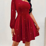 Elegante One Shoulder Mini Jurk met Glitter en Flowy Rok