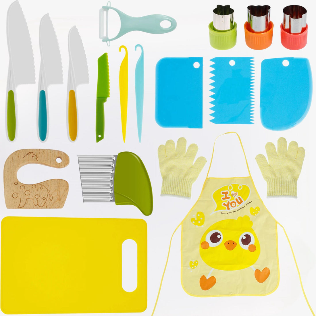 Kinder kook snijset – kindermes, gekartelde snijder en schiller speciaal voor peuters om fruit veilig te snijden. Perfect voor jonge chefs om culinaire vaardigheden te ontwikkelen.