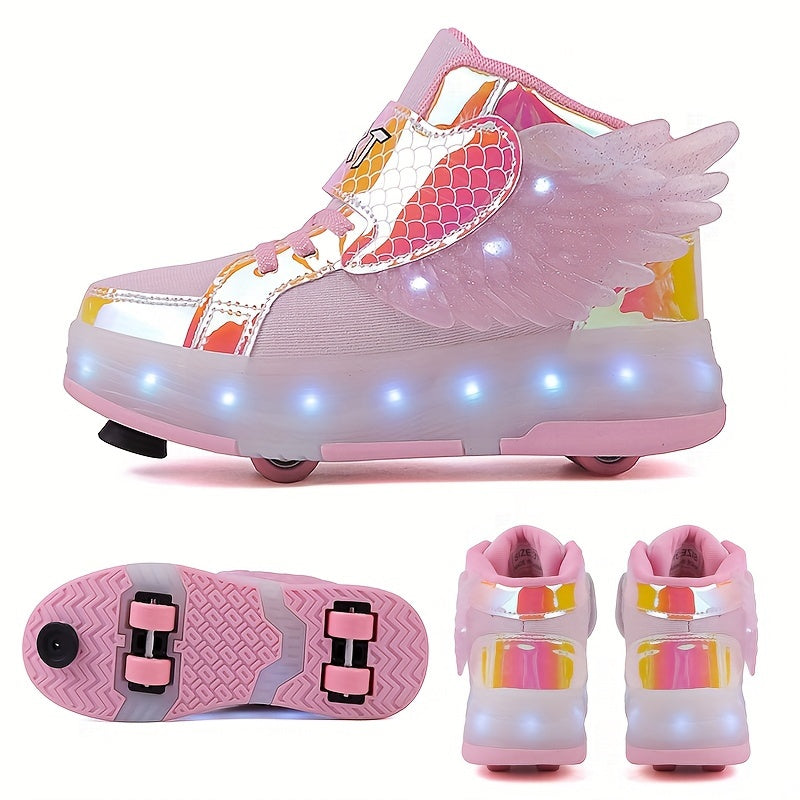 GlowSkate USB oplaadbare rolschaats sneakers met licht en vleugels – kleurrijke en comfortabele sneakers voor meisjes en tieners, ideaal voor plezier, buitenactiviteiten en avondritten.