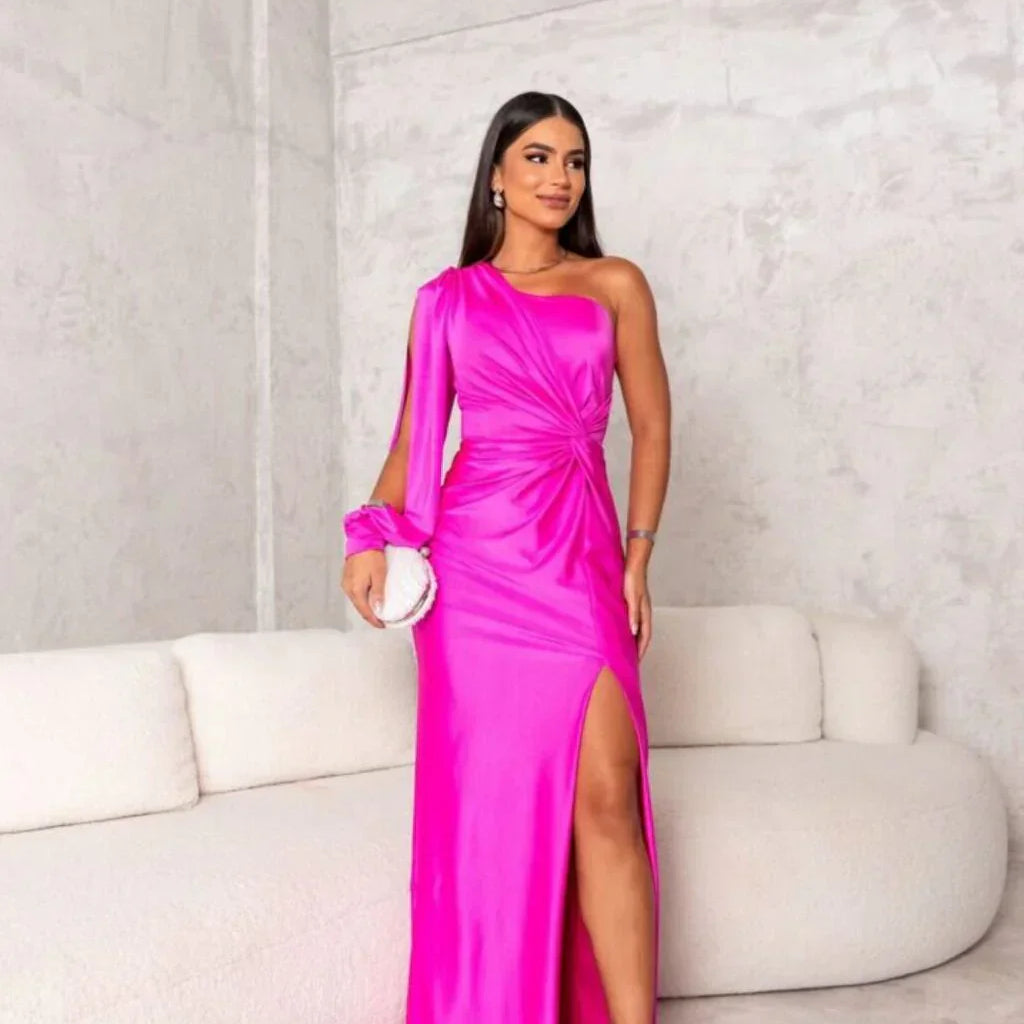Elegante One Shoulder Maxi Jurk met Drapering en Split