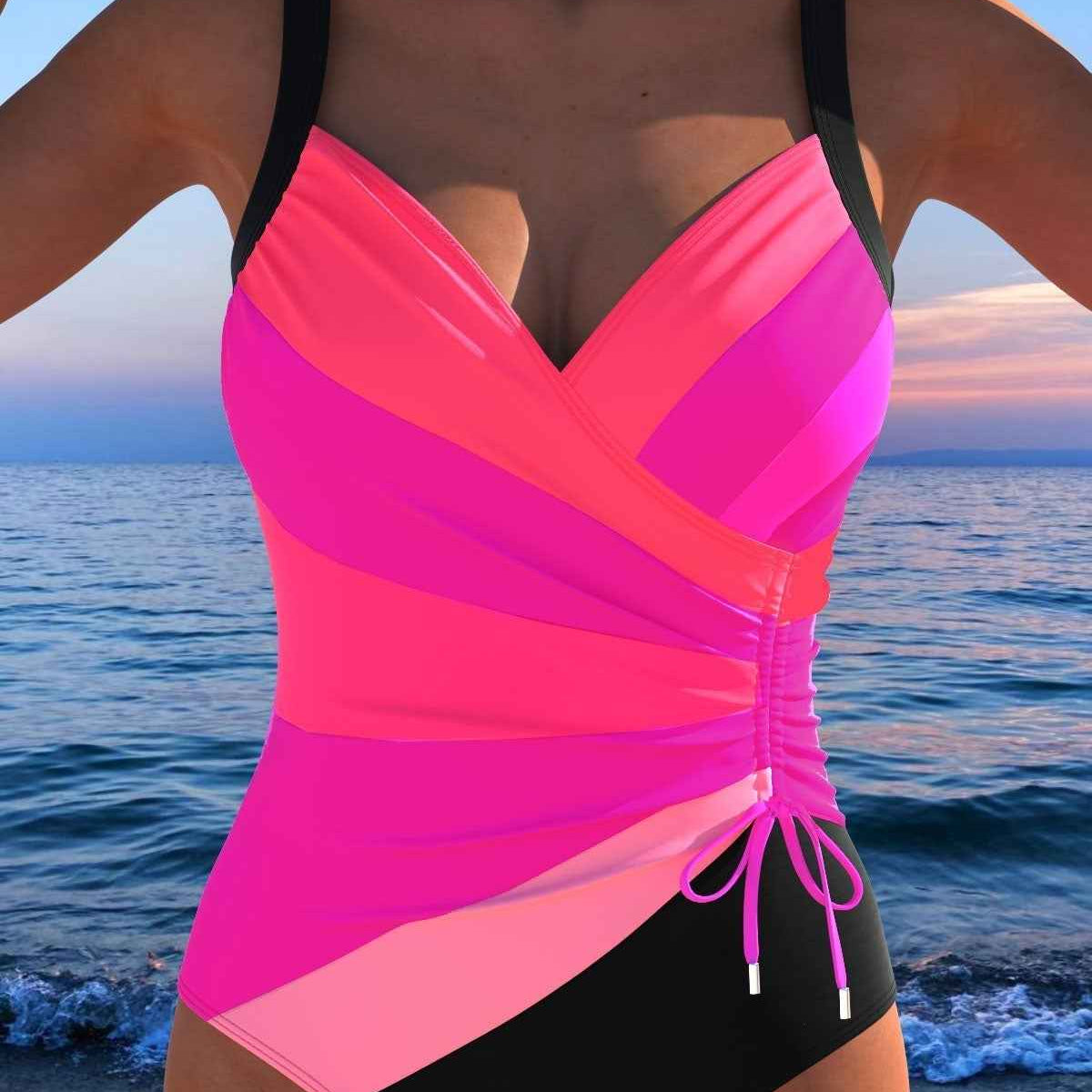 Dames Badpak met V-Hals en Geplooide Taille