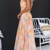 Dames Maxi Jurk met Abstracte Print en Halterhals