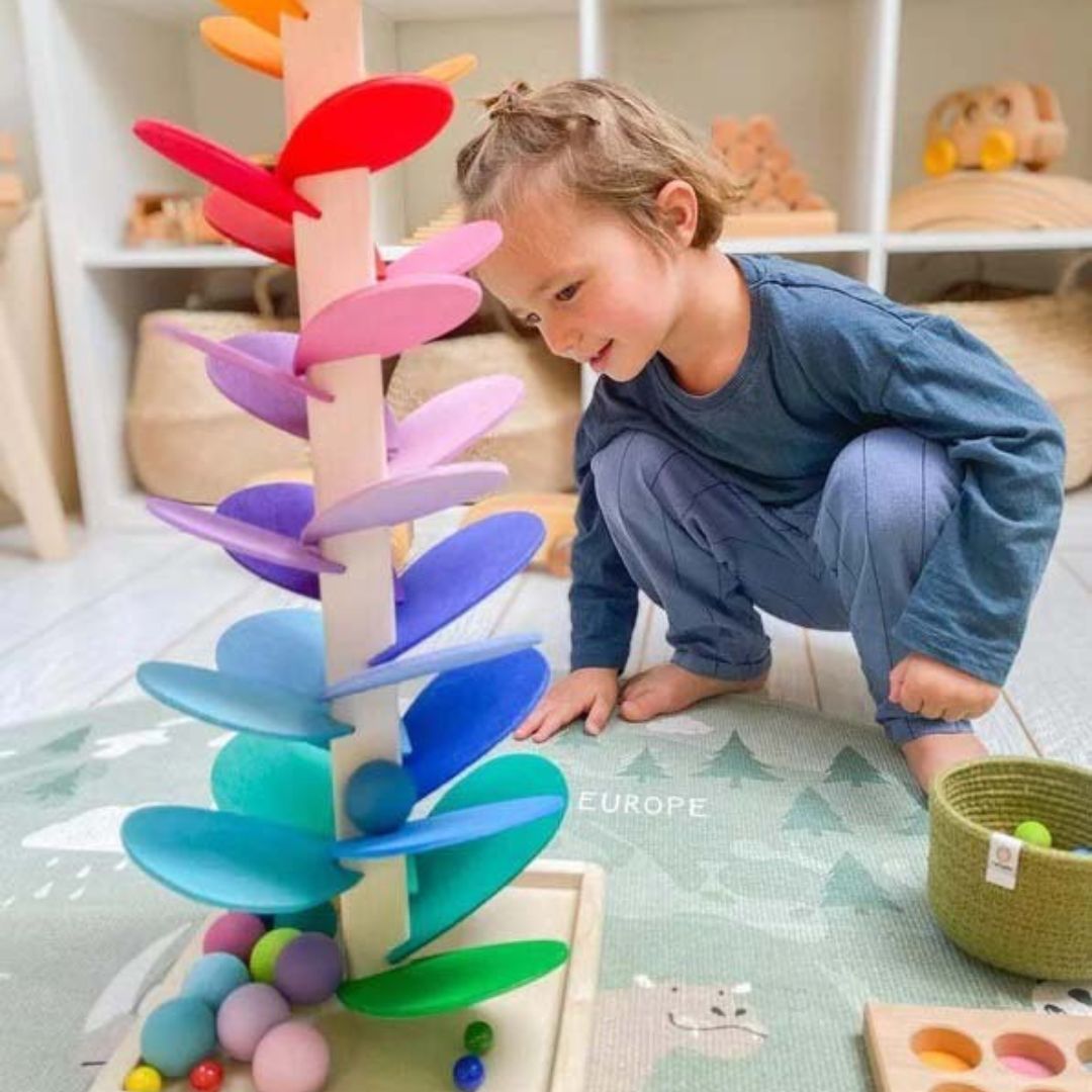 Montessori interactieve geluidsboom – educatief regenboog murmur toren speelgoed voor kinderen, duurzaam hout en stimuleert zintuigen en concentratie.
