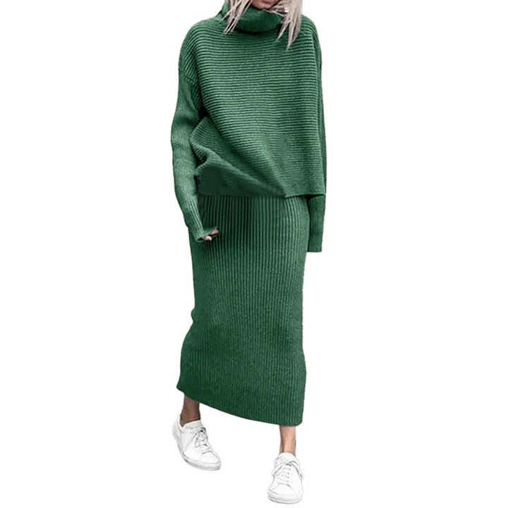 Tweedelige coltrui en maxi-rok set voor dames – elegante en comfortabele outfit voor elke gelegenheid, met een verfijnde en stijlvolle uitstraling.