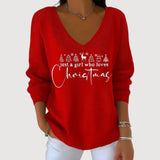 Dames Trui met V-Hals en Kerstboomprint