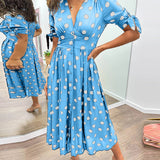 Dames Midi Jurk met Stippenprint en V-Hals