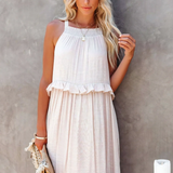 Dames Maxi Jurk met Gelaagde Rok en Ronde Hals