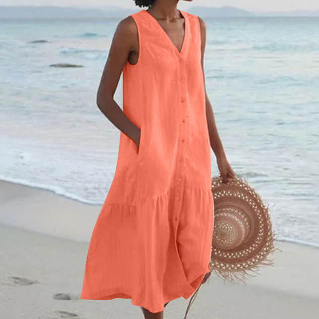 Mouwloze Midi Jurk met Knopenrij