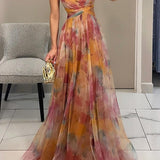 Dames Maxi Jurk met Abstracte Print en Spaghettibandjes