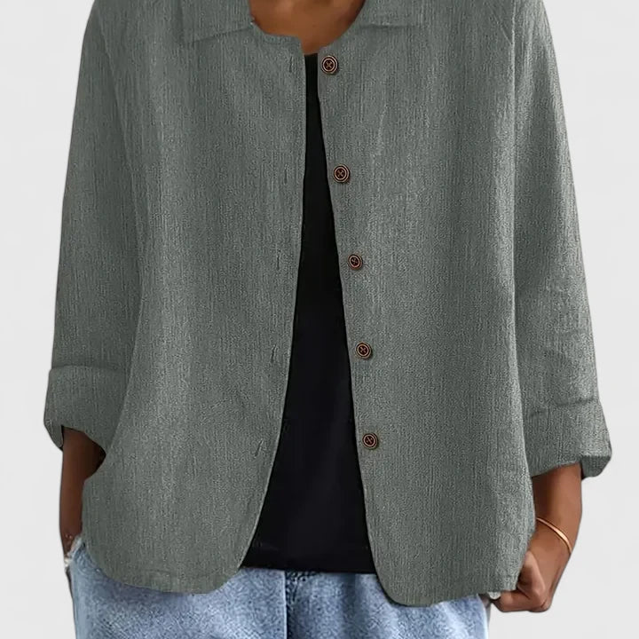 Dames blouse met knoopsluiting en driekwart mouwen