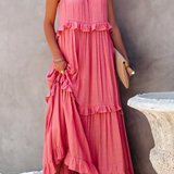 Dames Maxi Jurk met Gelaagde Rok en Ronde Hals