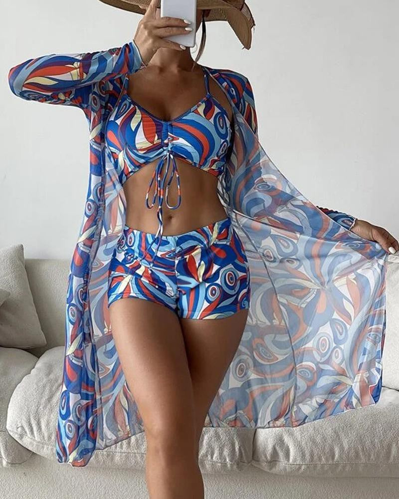 Driedelige luxe bikini-set voor dames – Trendy bikini met bijpassende cover-up, elegante snit en comfortabele pasvorm, perfect voor een stijlvolle stranddag of zwembadfeest.