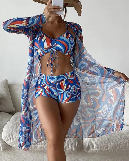 Driedelige luxe bikini-set voor dames – Trendy bikini met bijpassende cover-up, elegante snit en comfortabele pasvorm, perfect voor een stijlvolle stranddag of zwembadfeest.