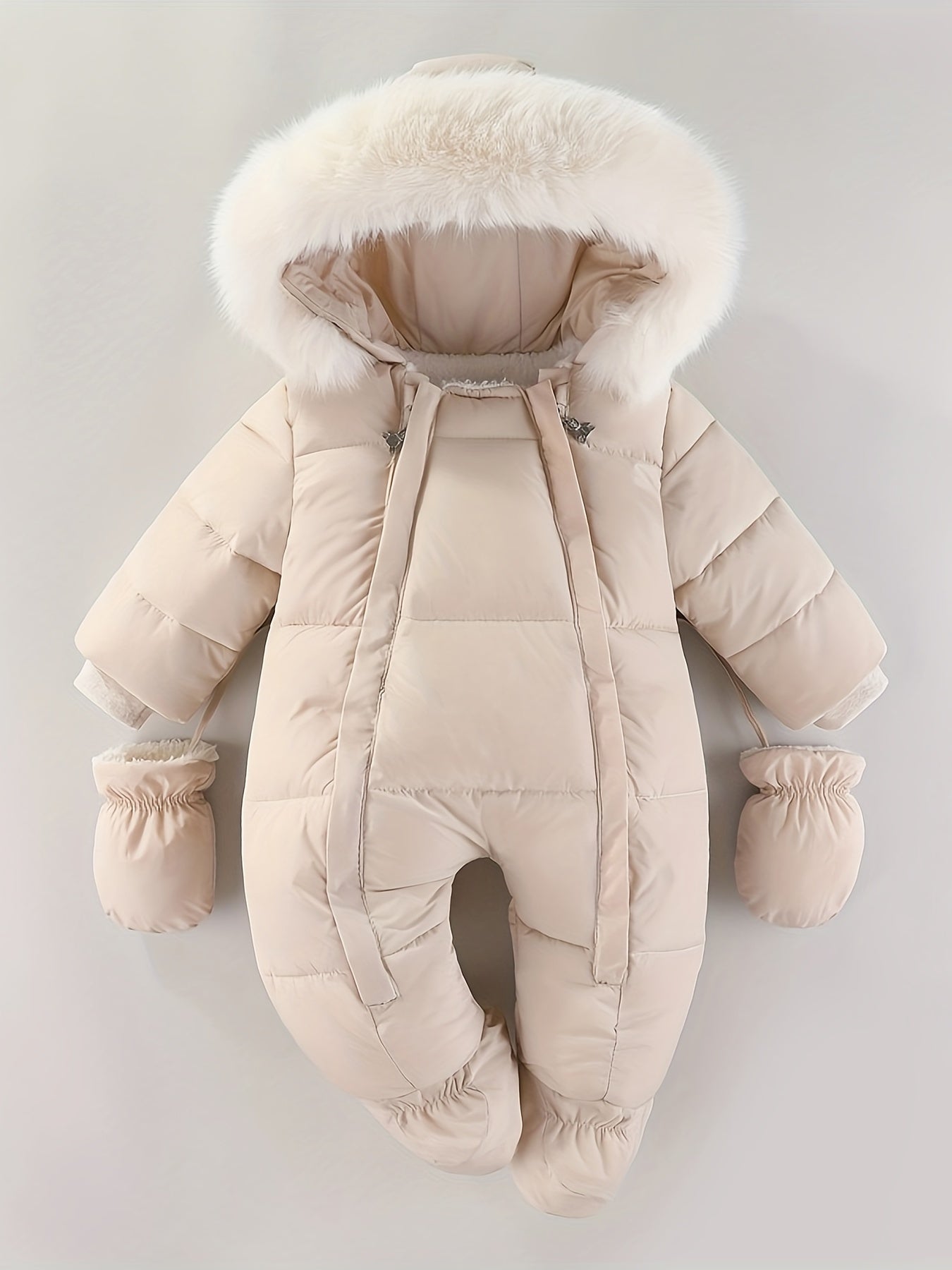 CozyBaby luxe winterjas jumpsuit met capuchon, gemaakt van zachte en warme stof – ideale comfortabele en beschermende outfit voor koude winterdagen.