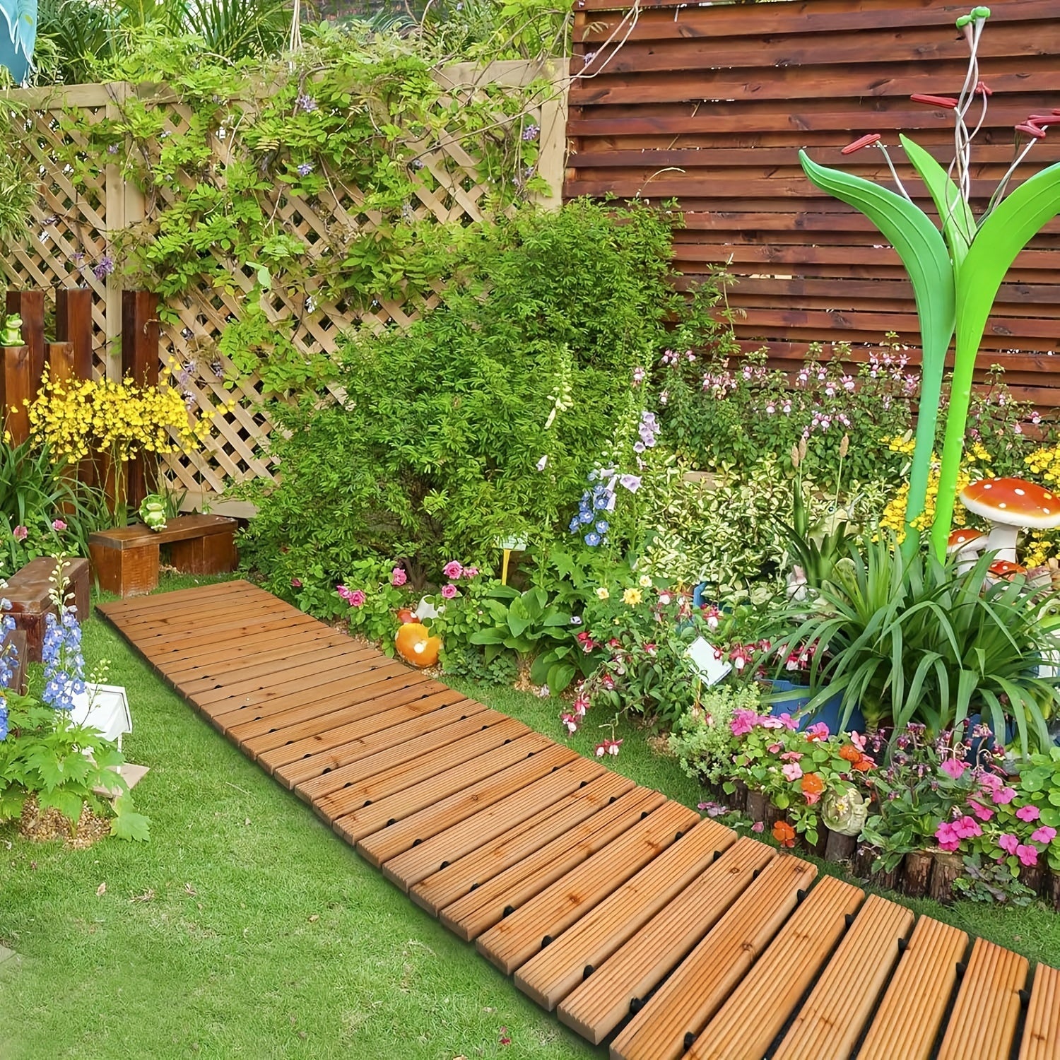 Rolbare Houten Tuinpadmat – Duurzame en flexibele mat voor buiten, biedt antislip bescherming en is ideaal voor tuinpaden en terrassen.