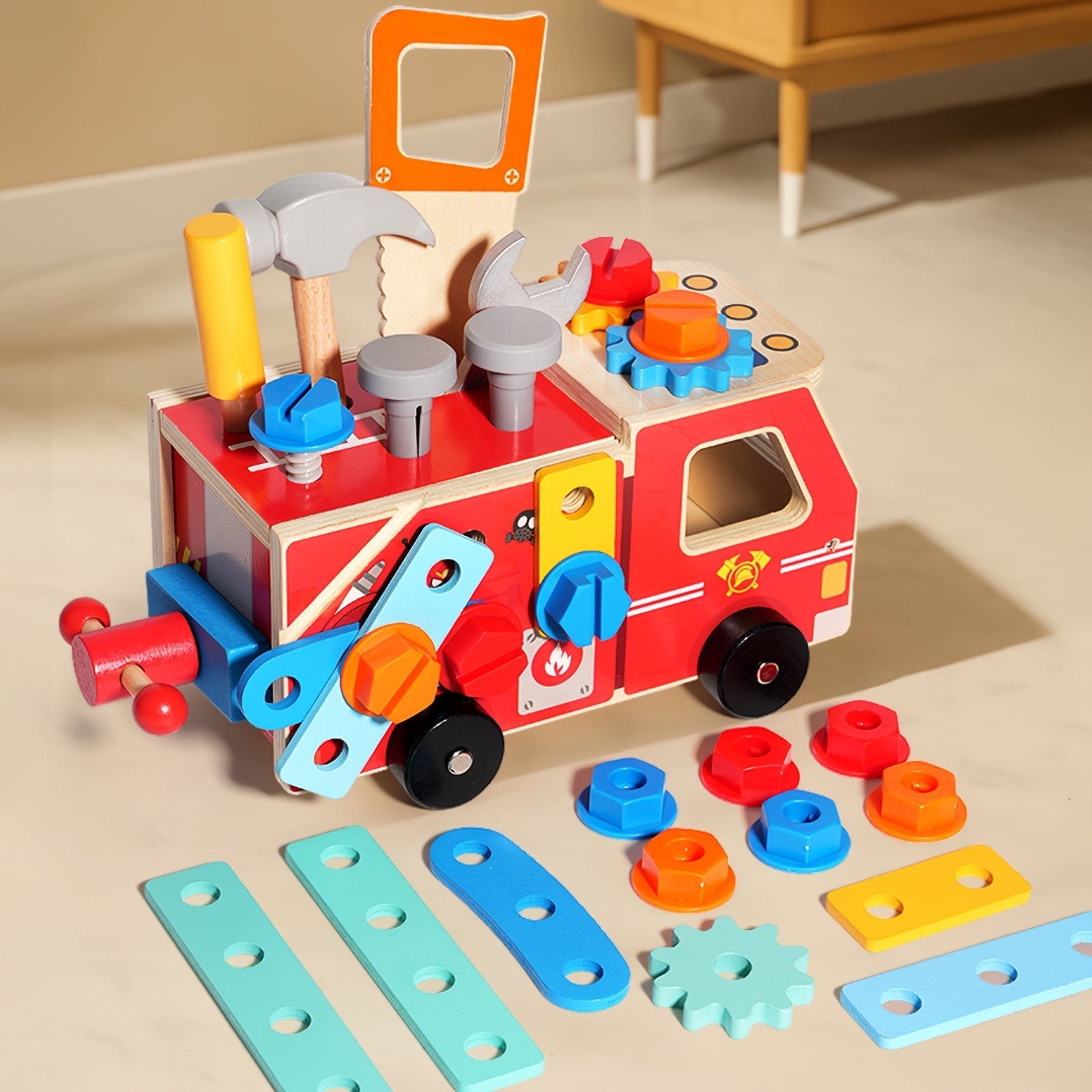 Montessori FireTruck houten brandweerauto speelgoed voor kinderen – duurzaam materiaal, beweegbare onderdelen en stimuleert fantasierijk en educatief spel.